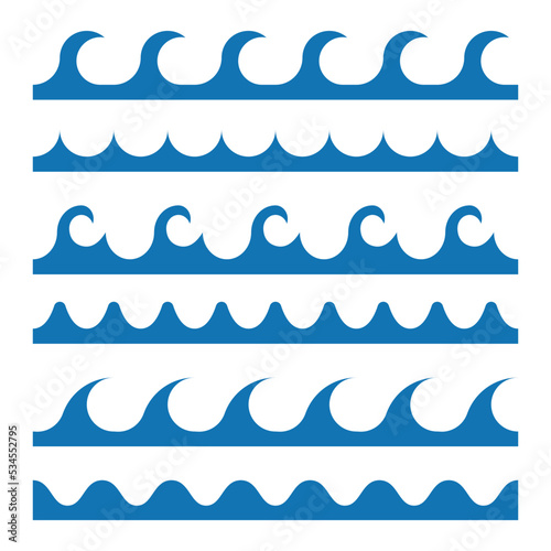Olas de mar. Ondas de mar de diferentes estilos. Ilustración vectorial