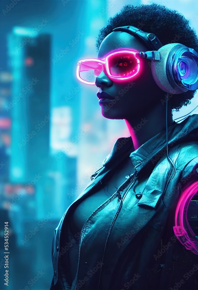 A fictional portrait of a ebony girl wearing a cyberpunk headset and ...