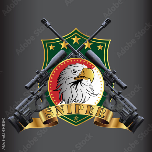 logo for sniper eagle head icon with awm weapon combination and shield on black background