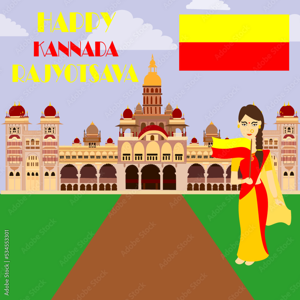 vector of young lady holding Karnataka Flag with background of Mysore Palace, historical monument, celebration of Kannada Rajyostava at November 1 of every year.	