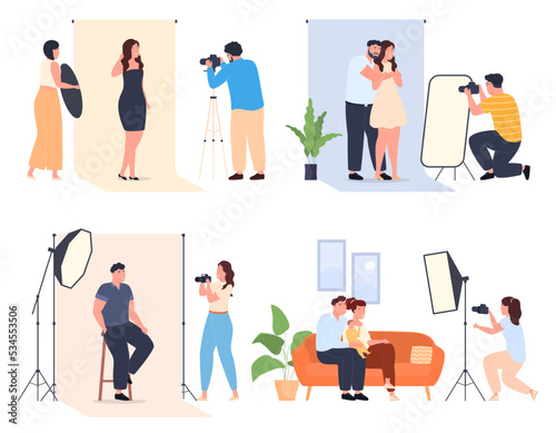 Photo session in a photo studio. Professional photographers photograph models and ordinary people. Vector illustration