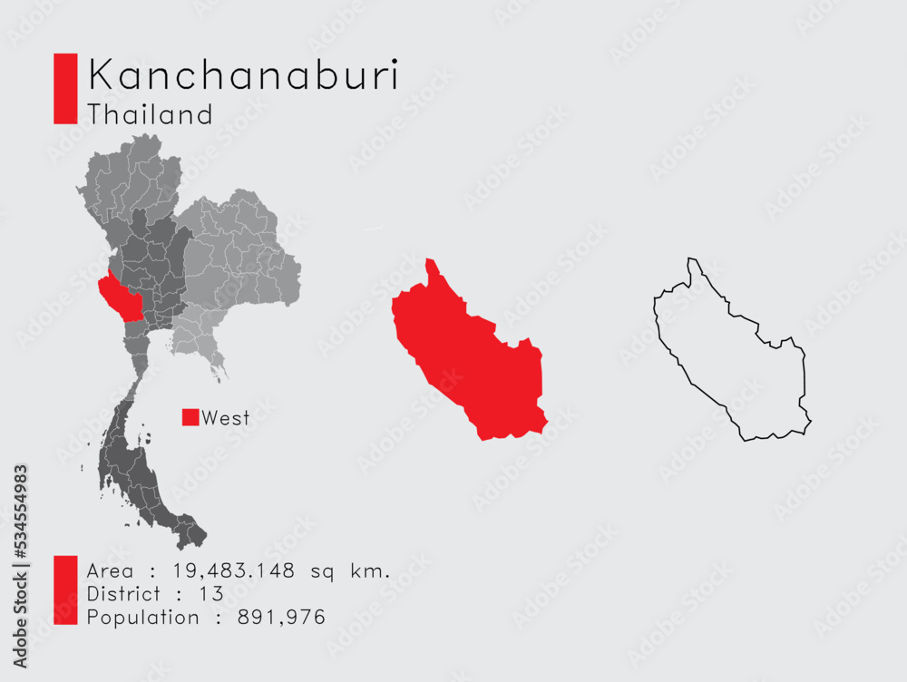 Kanchanaburi Position in Thailand A Set of Infographic Elements for the Province. and Area District Population and Outline. Vector with Gray Background.