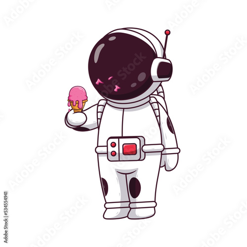 Cute Astronaut eating ice cream. Astronaut Icon Concept. Flat Cartoon Style. Suitable for Web Landing Page, Banner, Flyer, Sticker, Card