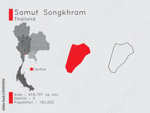 Samut Songkhram Position in Thailand A Set of Infographic Elements for the Province. and Area District Population and Outline. Vector with Gray Background.