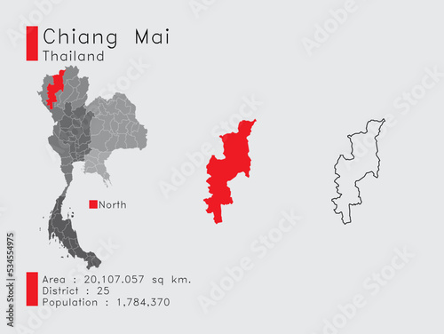 Chiang Mai Position in Thailand A Set of Infographic Elements for the Province. and Area District Population and Outline. Vector with Gray Background. photo