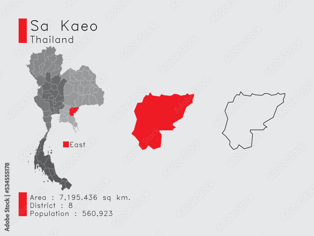 Sa Kaeo Position in Thailand A Set of Infographic Elements for the Province. and Area District Population and Outline. Vector with Gray Background.