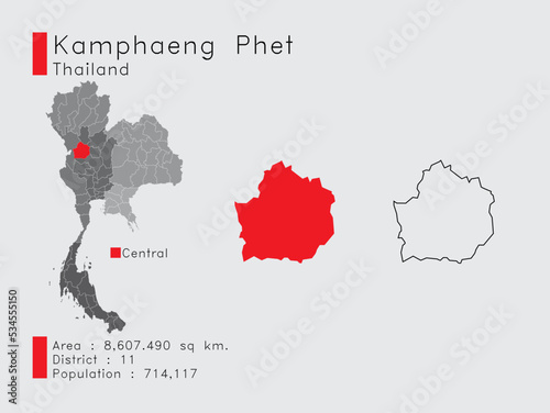 Kamphaeng phet Position in Thailand A Set of Infographic Elements for the Province. and Area District Population and Outline. Vector with Gray Background.