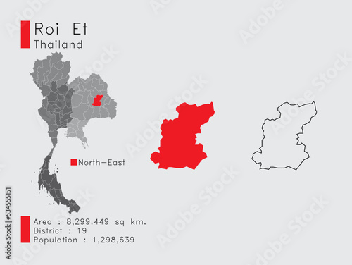 Roi Et Position in Thailand A Set of Infographic Elements for the Province. and Area District Population and Outline. Vector with Gray Background.