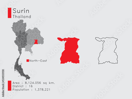 Surin Position in Thailand A Set of Infographic Elements for the Province. and Area District Population and Outline. Vector with Gray Background.