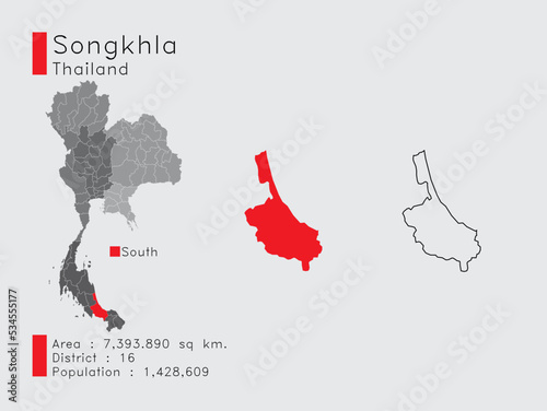 Songkhla Position in Thailand A Set of Infographic Elements for the Province. and Area District Population and Outline. Vector with Gray Background.
