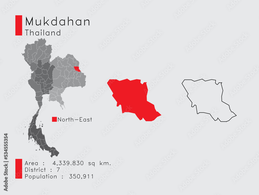 Mukdahan Position in Thailand A Set of Infographic Elements for the Province. and Area District Population and Outline. Vector with Gray Background.