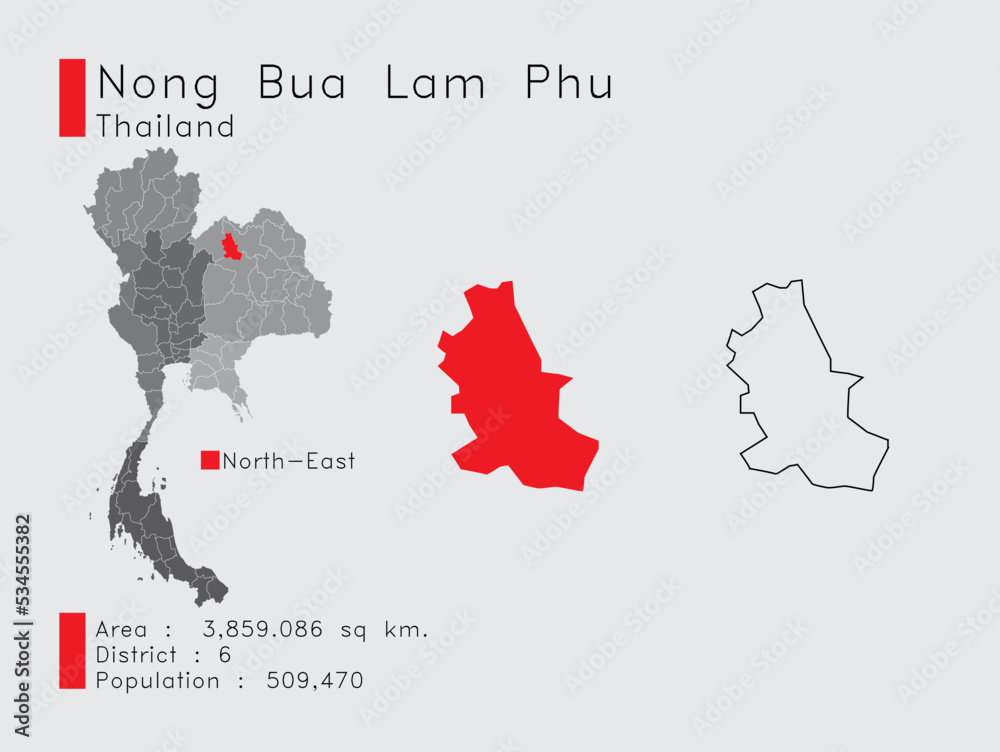 Nong Bua Lam Phu Position in Thailand A Set of Infographic Elements for the Province. and Area District Population and Outline. Vector with Gray Background.