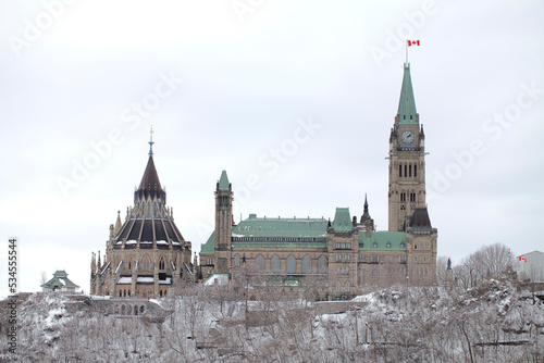 The Canada Parliament building in winter, elevated view of the House of Commons, 19th century gothic architecture in Ottawa. photo