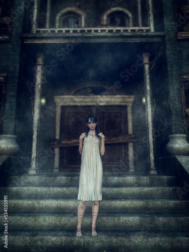 Ghostly girl in white dress standing on steps outside old derelict mansion house. Horror concept 3D illustration.