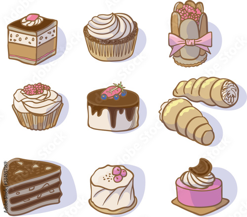 Colorful cakes set vector isolated on white background