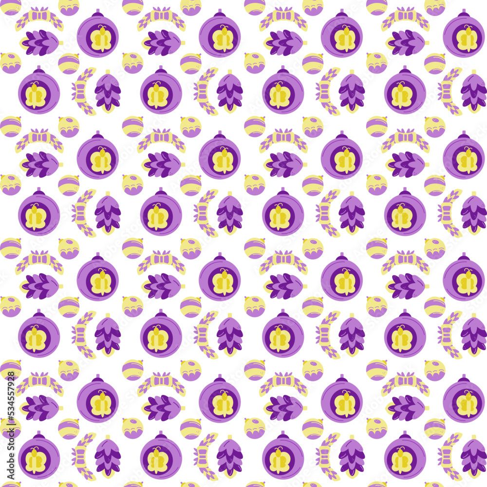 Christmas pattern5. Christmas\New Year's balls, cones, bows on a branch. Yellow and purple colors. Vector cartoon color illustration.