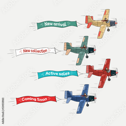 Flying planes set with the banners, template for text, vector illustration