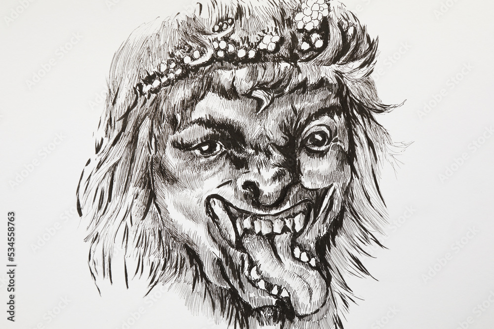 A monster with big teeth and a tongue. A mythical humanoid creature. Ugly woman on Halloween drawn with liner