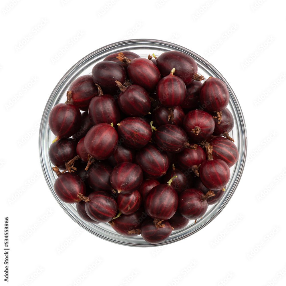 fresh red gooseberry in glass bowl isolated on white background, top view fresh red gooseberry in glass bowl isolated on white background, top view