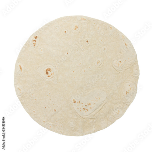wheat round tortilla or pita lavash round flat bread from above, isolated on white background