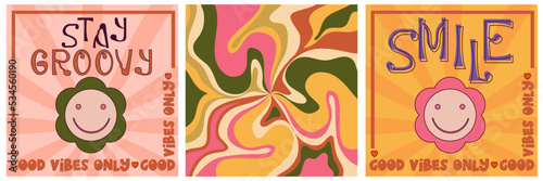 Retro groovy poster set, hippy design 70s. Modern groovy poster with flower and wave. Retro 60s 70s psychedelic pattern. Vintage floral background.