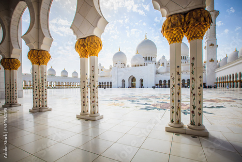 The Sheikh Zayed Mosque, the courtyard and exterior of the prayer hall, modern architecture. photo