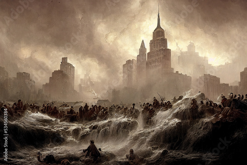 Photo dramatic flood in New York city, digital painting