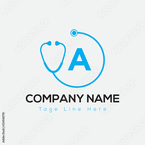 Healthcare Logo On Letter A Template. Medical On A Letter, Initial Doctor Sign Concept, Stethoscope logo icon