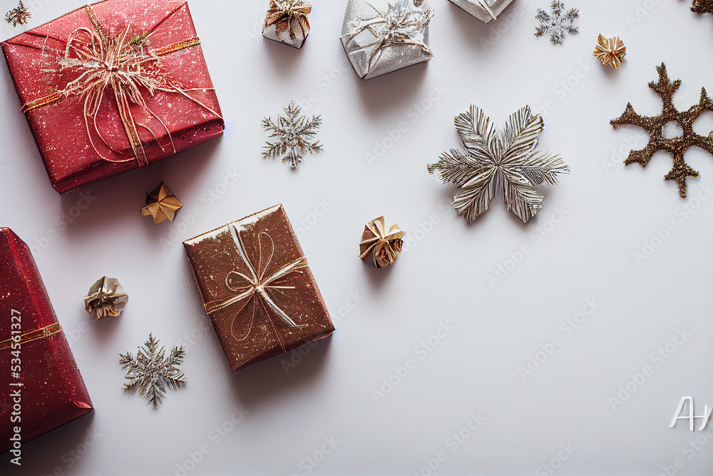 Beautiful Christmas Decorations on a white table with various holiday season elements Beautiful Christmas Decorations on a white table with various holiday season elements