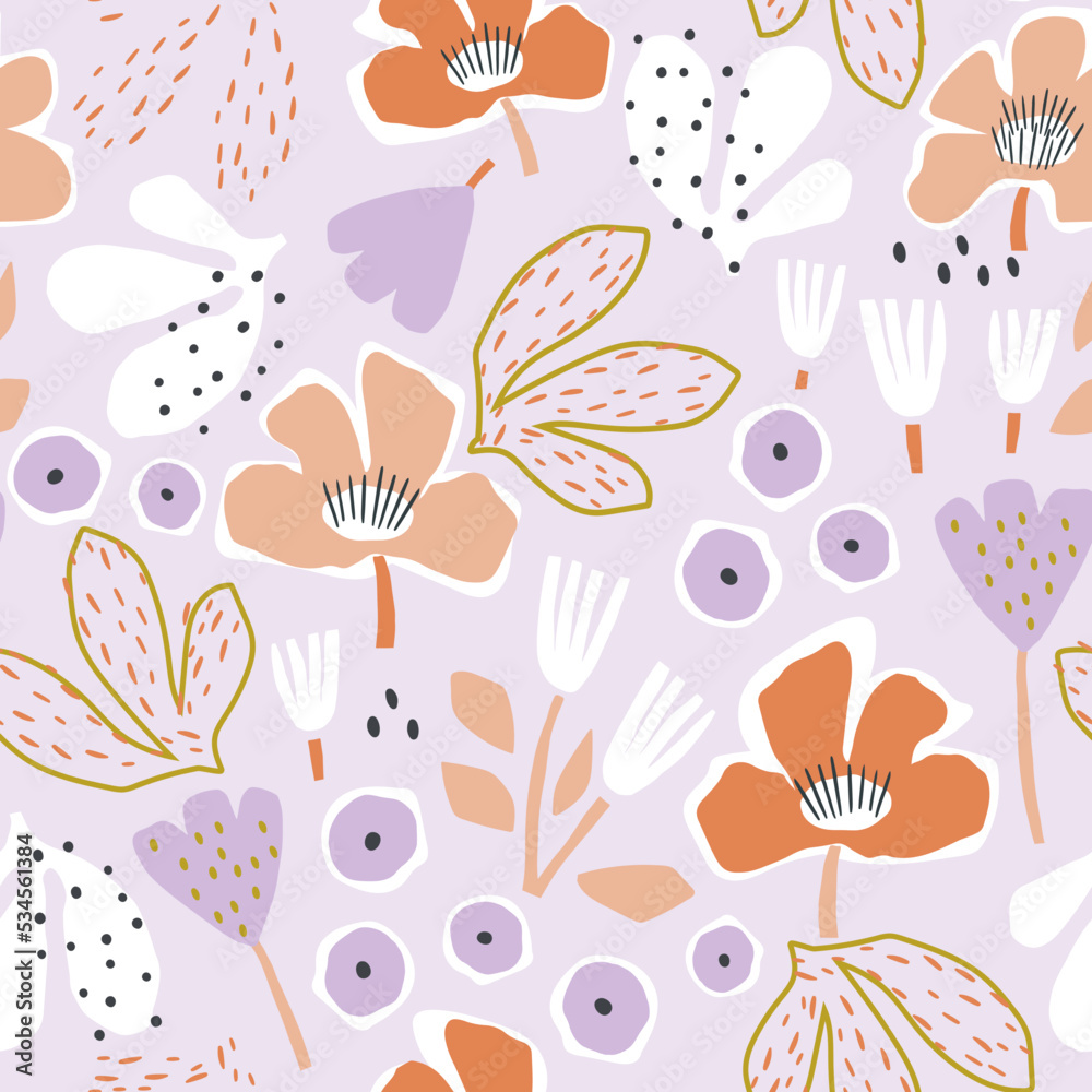Seamless floral pattern with hand drawn flowers and berries. Spring summer blossom background. Perfect for fabric design, wallpaper, apparel. Vector illustration