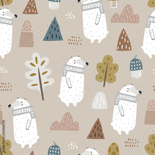 Creative childish pattern with bear in autumn forest. Seamless vector woodland texture. Great for fabric, wallpaper, textile.