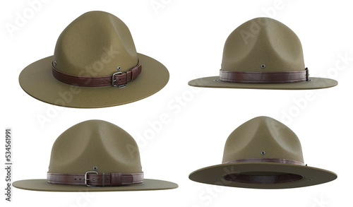 Photos Collection Scout hat, Ranger hat, Green campaign hat with leather belt, 3d rende
