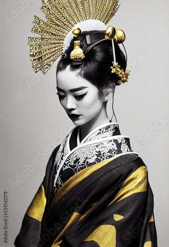 Fototapeta A young beautiful geisha in a kimono and headphones