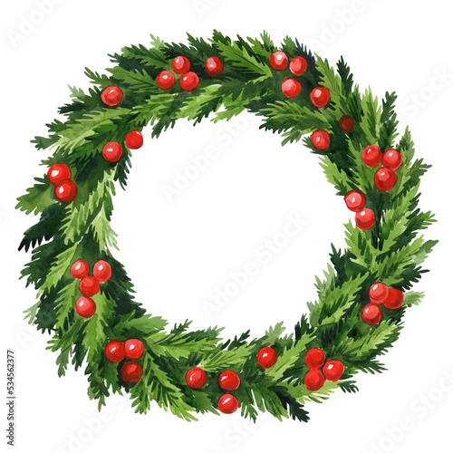 Christmas wreath. Decorated wreath of green branches with red berries, watercolor illustration