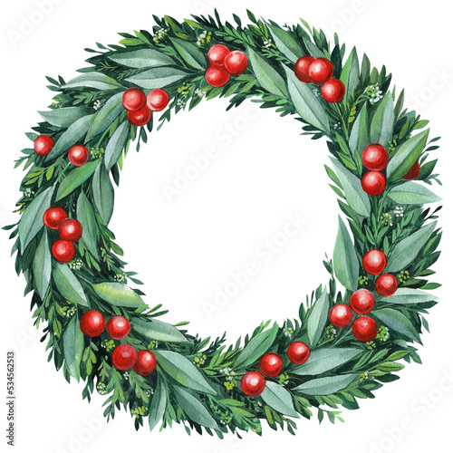 Christmas wreath of green branches with red berries, watercolor illustration