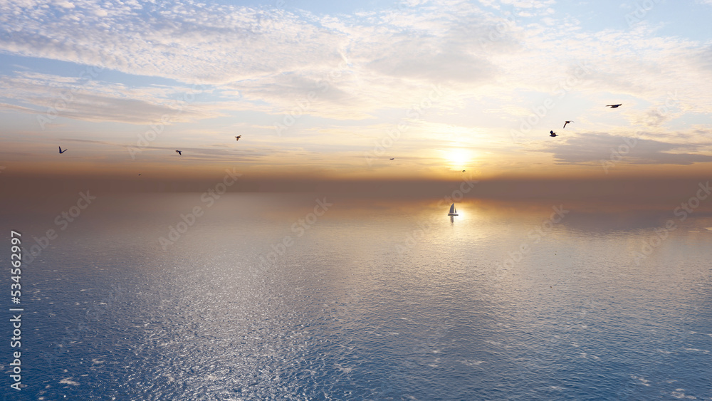 Sailboat sunset fantasy with a silhouetted boat sailing along its journey against a vivid colorful sunset with birds flying in formation against an orange and yellow color filled sky. Sailboat sunset fantasy with a silhouetted boat sailing along its journey against a vivid colorful sunset with birds flying in formation against an orange and yellow color filled sky.