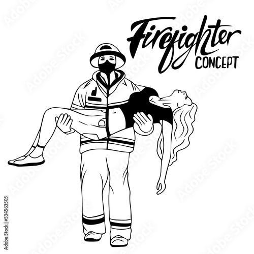 firefighter, rescuer carries an unconscious girl in his arms, rescues person from trouble, an emergency situation. Stressful situation, disaster, danger to life.