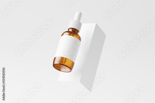 Amber Glass Dropper Bottle 3D Rendering White Blank Mockup