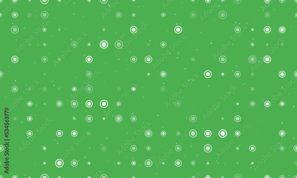Seamless background pattern of evenly spaced white radio button symbols of different sizes and opacity. Vector illustration on green background with stars