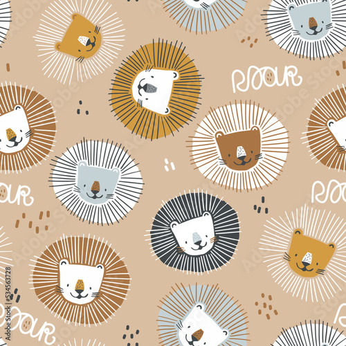 Seamless cartoon lion head pattern. Childish animals texture. Vector illustration