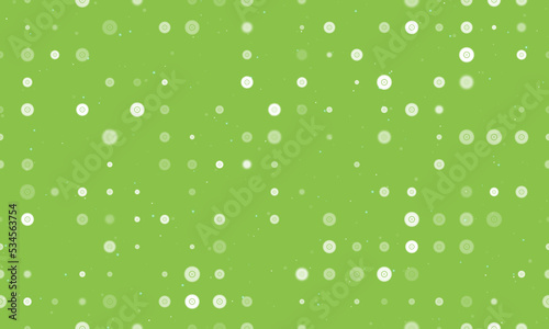 Seamless background pattern of evenly spaced white gramophone record symbols of different sizes and opacity. Vector illustration on light green background with stars