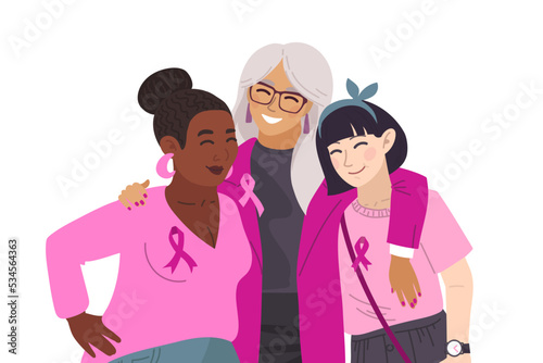 Three women diffrent nationalities. Vector illustration of breast cancer. Breast Cancer Awareness October. Silk ribbons and friendship