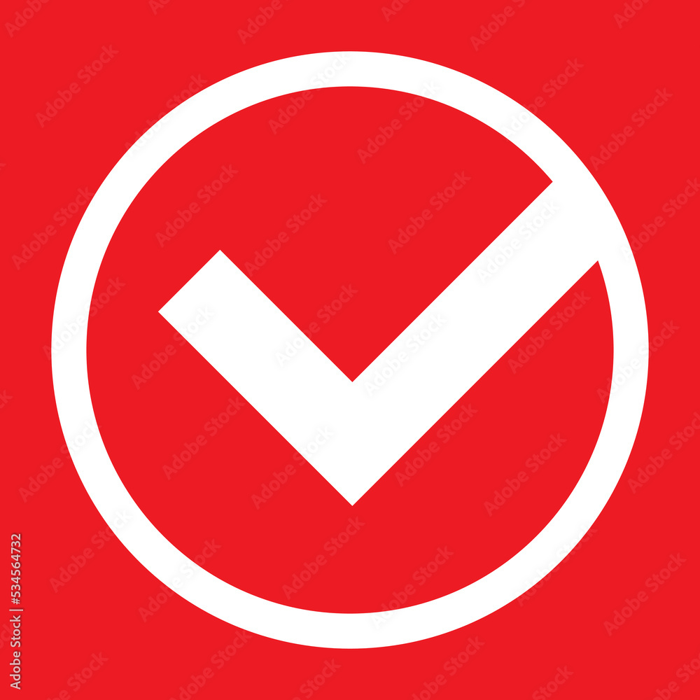 Check mark icon. White Ok, accept vector illustration on red isolated background. Tick business concept. Check mark icon. White Ok, accept vector illustration on red isolated background. Tick business concept.
