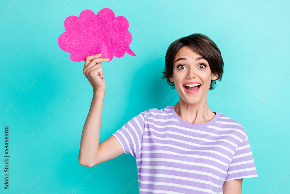 Photo of gorgeous impressed nice woman with bob hairdo dressed striped t-shirt hold pink cloud isolated on turquoise color background Photo of gorgeous impressed nice woman with bob hairdo dressed striped t-shirt hold pink cloud isolated on turquoise color background