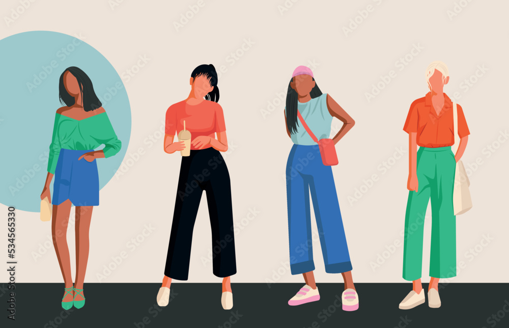Fototapeta premium Set of young women dressed in stylish trendy clothes. Fashion look. Female models standing in various poses. Different clothing. Fashionable ladies. Flat vector illustration