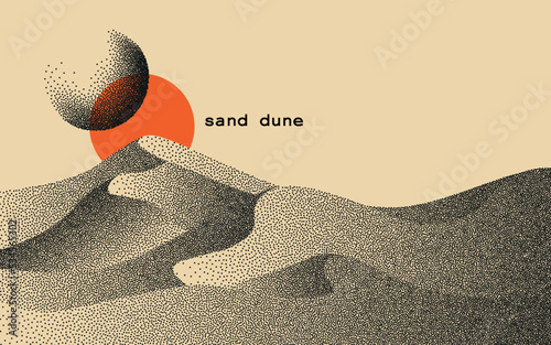 Vector landscape of sand dune in dotwork style. Stipple illustration design. Old retro dot texture vintage gradient. Pointillism graphic. Grain terrain wallpaper. photo