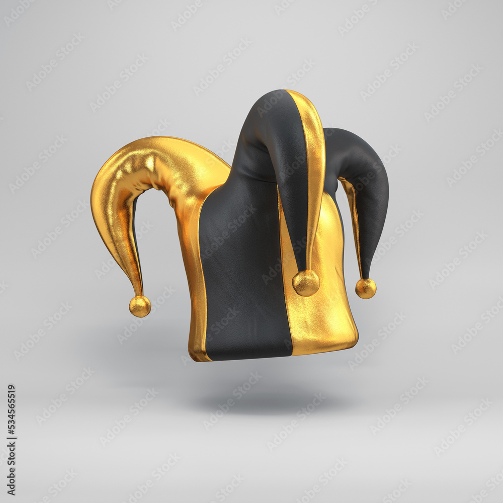Obraz premium Black and gold jester hat floating on a gray background, 3d render