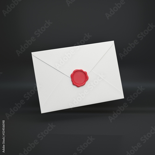 White closed envelope with red seal floating on a black background, 3d render