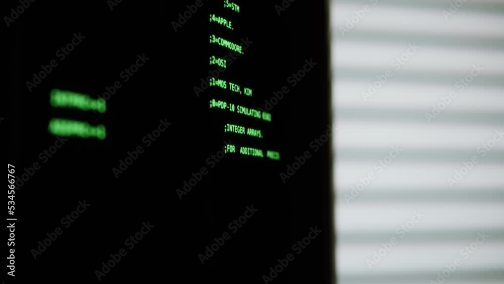 Retro pc with loading code console, programmer making scripts, green ...