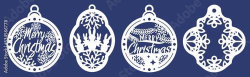 Set of laser cutting template of Christmas figured balls with snowflakes and and rabbits. Merry Christmas tree decoration for paper cut out. Vector illustration on blue background.